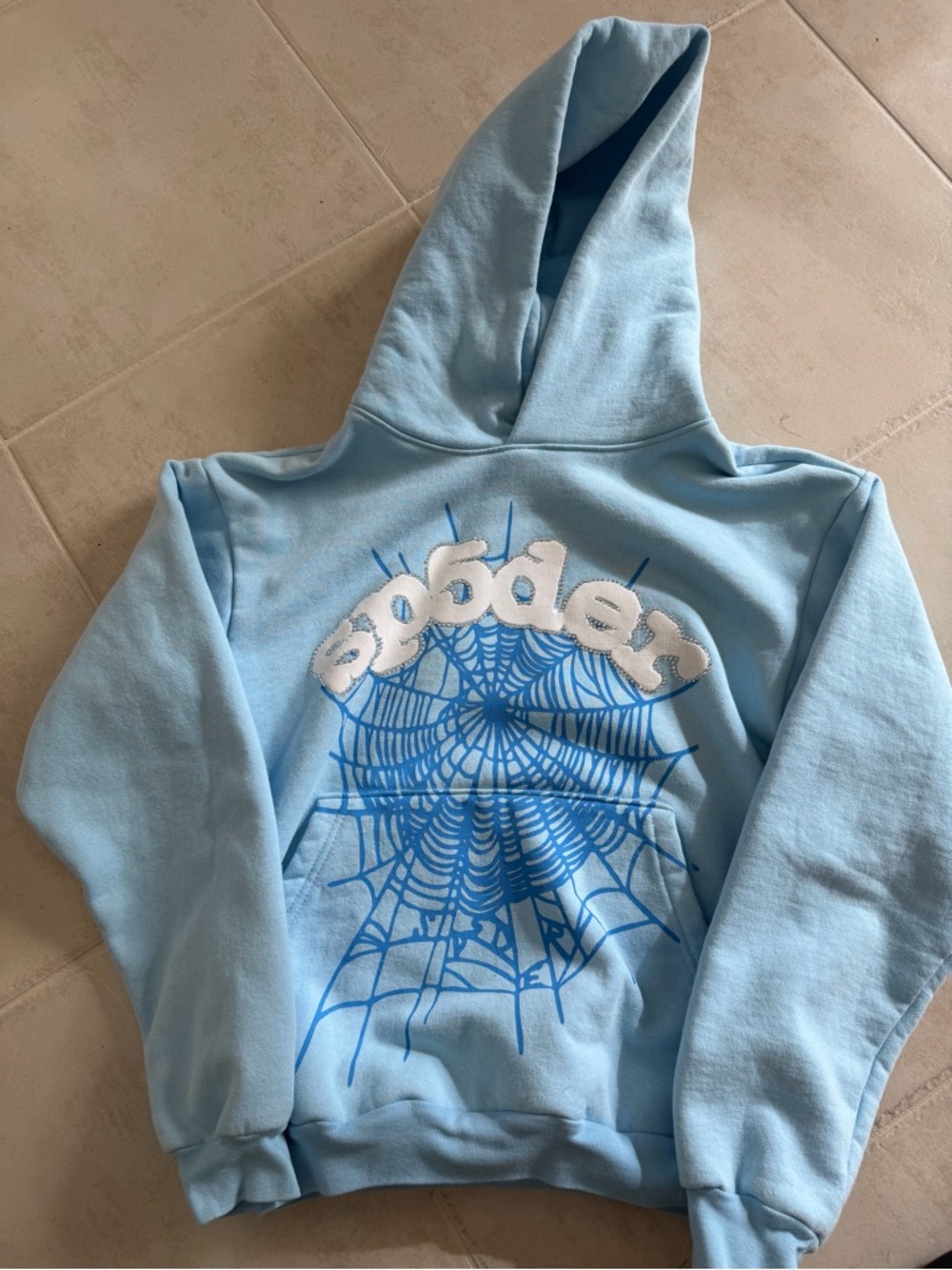 Sp5der Light Blue Hooded Sweatshirt with Spiderweb Graphic